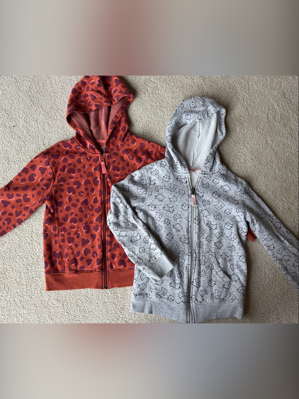 Kids Hooded Sweatshirts - Deep orange Heart Leopard Print & Light Gray Cat Print